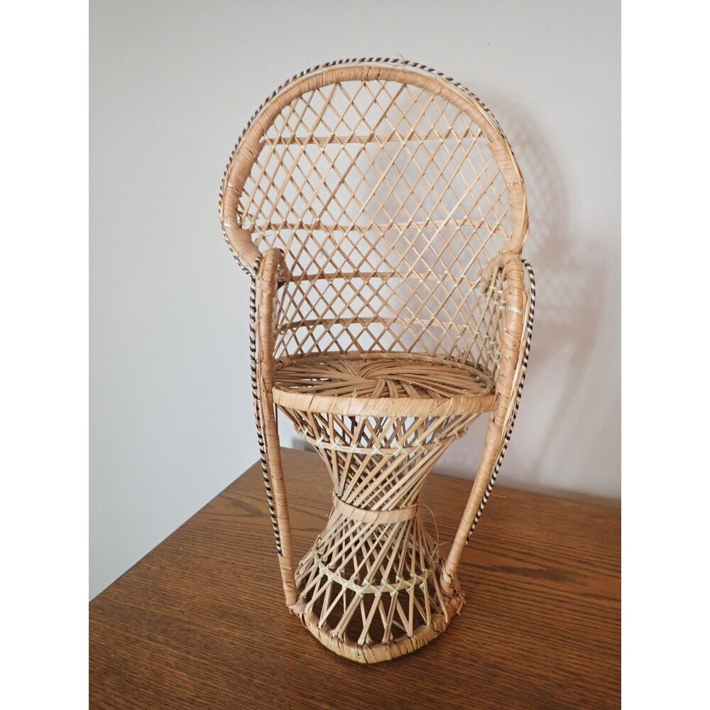 Vintage Mini Wicker Rattan Peacock Chair Tall Doll Plant Stand Decor Boho